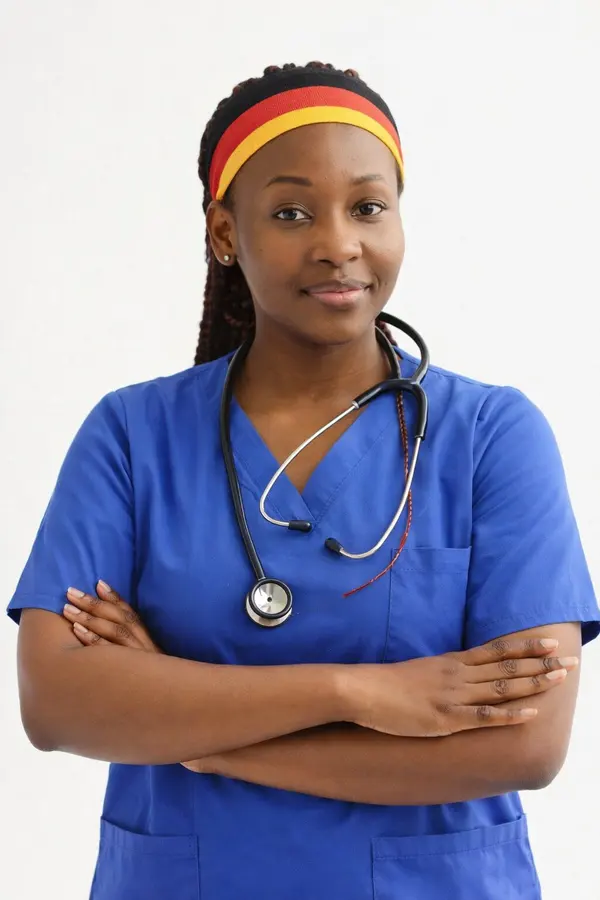 A nurse in scrubs wearing a headband in the colours of the German flag