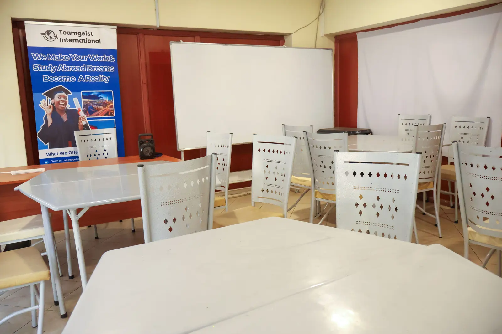 A Teamgeist International classroom in Nairobi CBD, set up for a German class